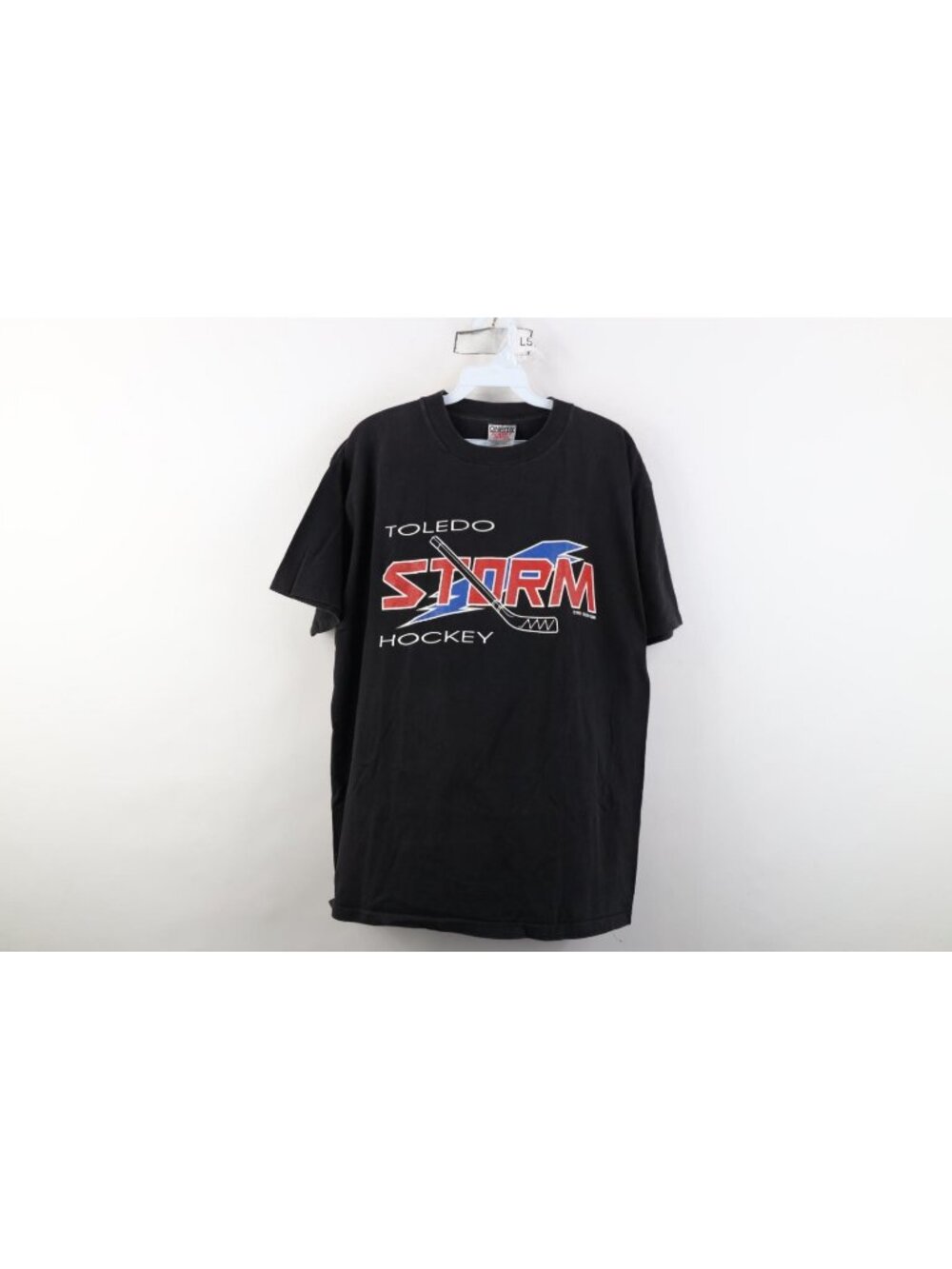 Vintage 90s Mens Large Spell Out Toledo Storm Hockey Short Sleeve T-Shirt Black